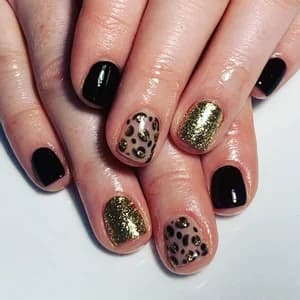 Short nails mixing solid black, gold glitter, and leopard animal print designs.