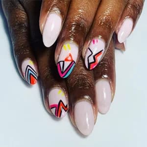 Nude almond nails with neon abstract chevron and zigzag line art in orange, pink, teal