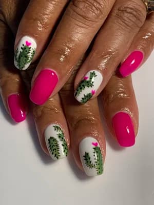 Hot pink nails with white accents showing green fern leaves and small pink hearts