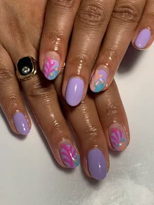 Lilac nails accented with pink and teal abstract leaf and floral line work