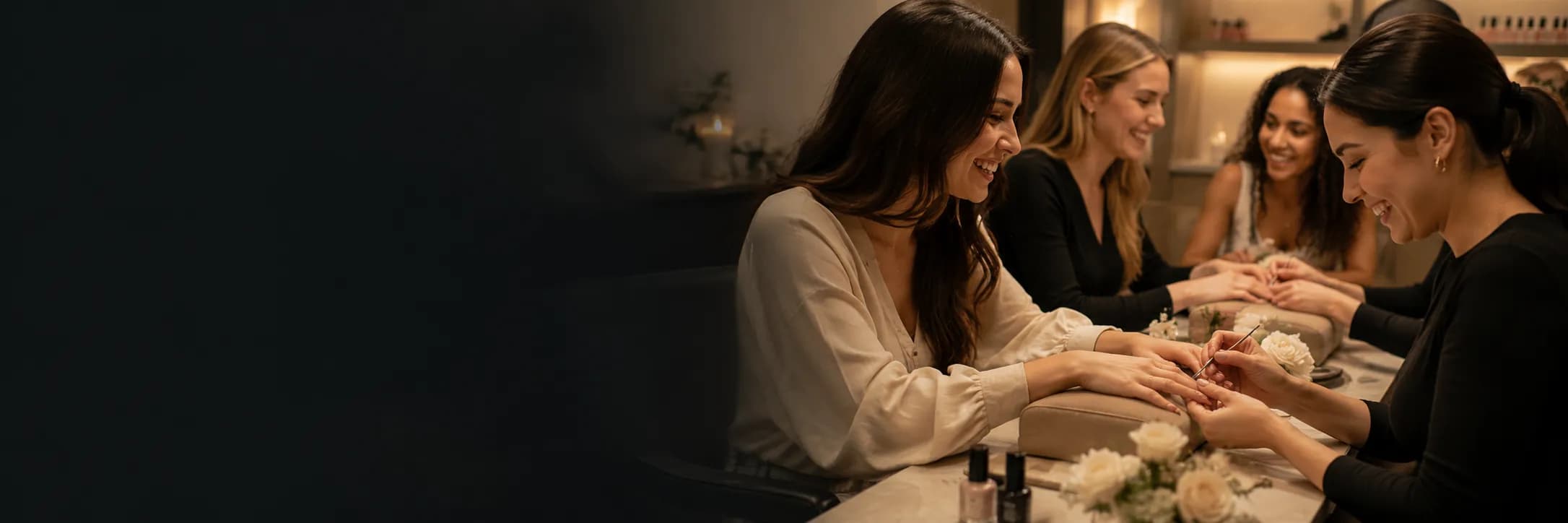 Friends smiling together while getting manicures at a nail party.