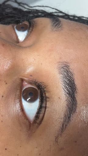 A close-up of lifted and tinted lashes with a shaped brow above.