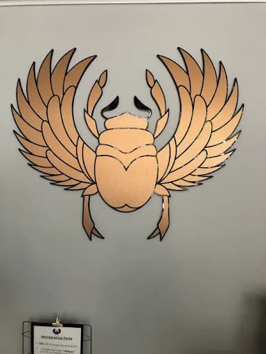 The winged Sacred Scarab emblem mounted on the salon wall.